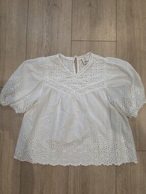 Industry White Eyelet Puff Sleeve Cottagecore Blouse Size S